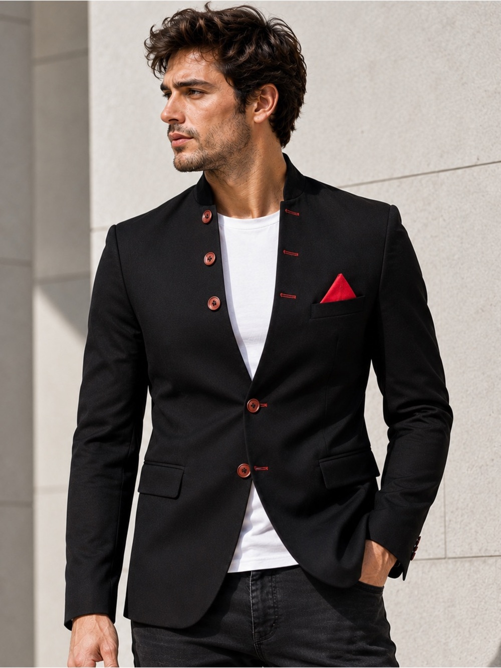 Slim Fit Stand Collar Jacket Men's XL Black Blazer Unique Red Pocket Square